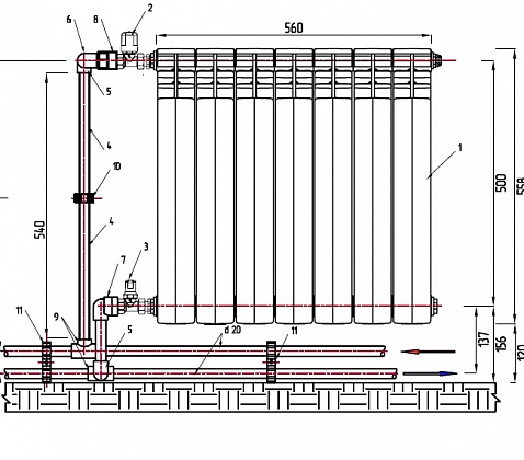 Комплект обвязки радиатора бокового проходного ручное регулирование